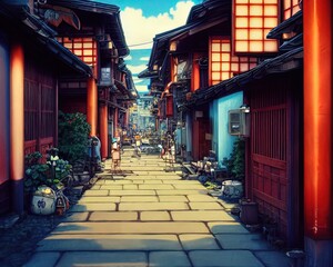 Fototapeta na wymiar Alleyway between Japanese street houses of Kyoto