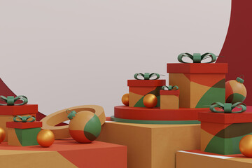 Merry Christmas and happy new year banner design, poster and cover design background. Christmas studio table room product display with copy space. 3D illustration