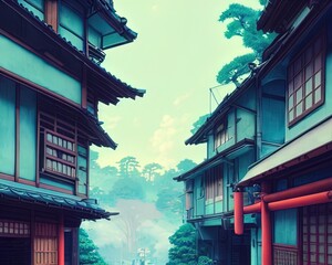 Fototapeta na wymiar Alleyway between Japanese street houses of Kyoto