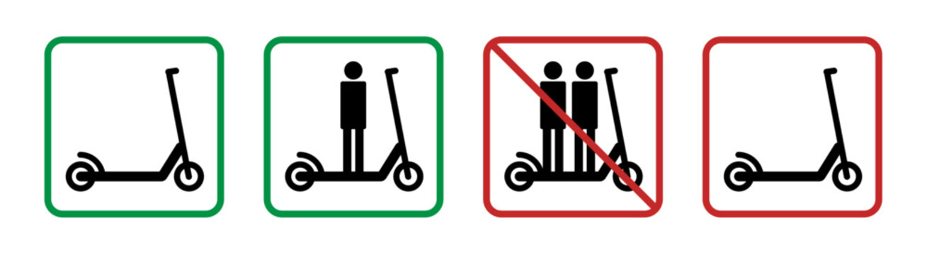 Elektro Scooter erlaubt, verboten Icon set. Schild f&uuml;r zul&auml;ssige und verbotene Verwendung von Elektrorollern. Tretroller nicht erlaubt. 
