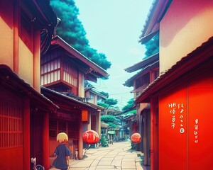 Alleyway between Japanese street houses of Kyoto