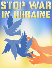 Stop War in Ukraine card, Pigeon on hand. vector illustration
