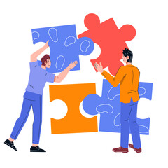 Business colleagues connecting puzzle elements in collaborative project, flat vector illustration isolated on white. Collegial choice of business direction or teamwork, collaboration and partnership.