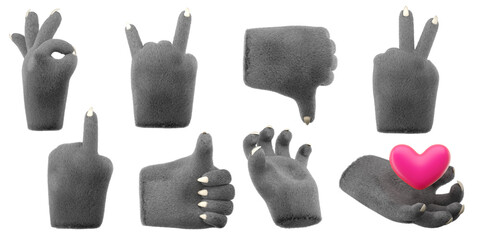 3d furry wolf hands set in plastic cartoon style. Different fingers  and palm gesture. Werewolf monster Halloween character palms. High quality isolated render