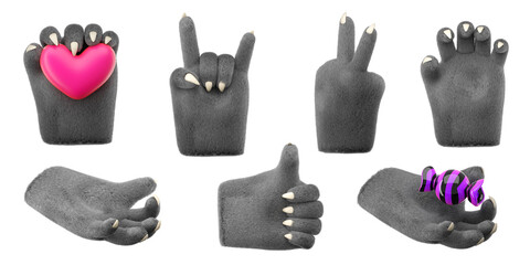 3d furry wolf hands set in plastic cartoon style. Different fingers  and palm gesture. Werewolf monster Halloween character palms. High quality isolated render