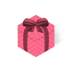 Pink Christmas gift in isometric design with purple ribbon and spotted pattern isolated on white background.