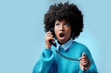 Telephone, wow and surprise black woman with gossip, fake news or fashion sale with blue studio...