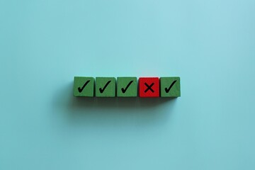 Wooden cubes with right and wrong icon. Violation contract terms, termination, corruption, failure...