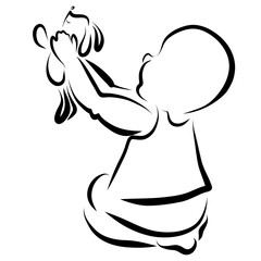 baby with a plush hare in his hands, sitting on his lap