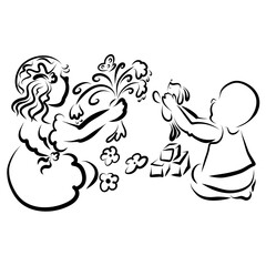 Little children are playing, the girl is holding flowers, and the baby is holding a soft hare