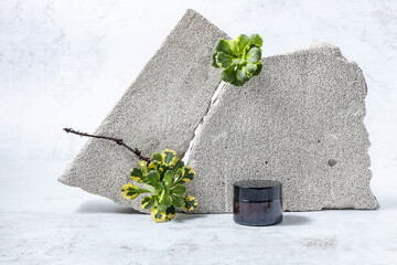 cream jar, stones and succulent leaves on a gray background