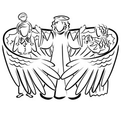 Angel guards a young family with children, black outline