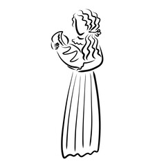 mother with a newborn in her arms hugs the baby black and white drawing