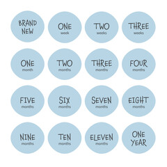 Set of milestone cards with baby age. Newborn textile and stickers design.