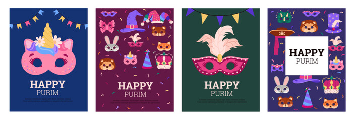 Set of colorful poster or vertical banners about Happy Purim flat style