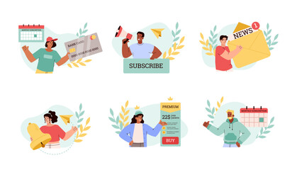 Set of people subscribe to newsletter and monthly services, flat vector illustration isolated on white background.