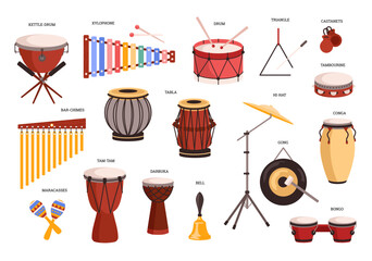 Percussion music instruments set, flat vector illustration isolated on white background. - obrazy, fototapety, plakaty