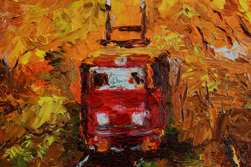 Red tram in the autumn forest. Modern oil painting.