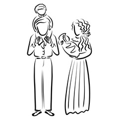 mother with a newborn baby in her arms and a father with a boy on his shoulders black and white drawing