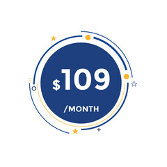109 dollar price tag. Price $109 USD dollar only Sticker sale promotion Design. shop now button for Business or shopping promotion
