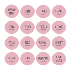 Set of milestone cards with baby age. Newborn textile and stickers design.