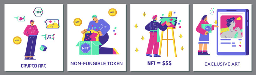 Set of banners of posters about NFT and crypto art flat style