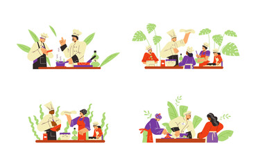 Collection of culinary school and cooking workshop banners, flat vector isolated.