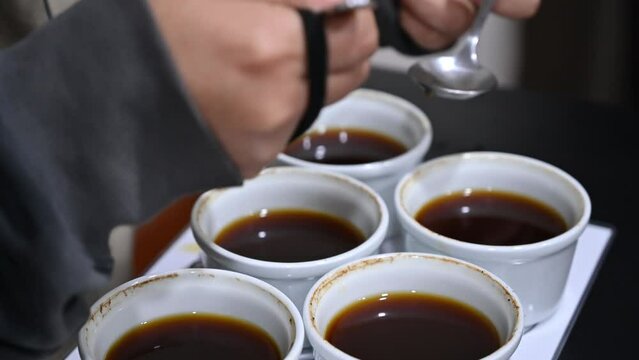 Professional barista tasting different types of coffee in cup tasters. Coffee degustation