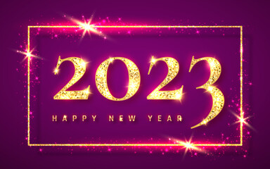 Happy New Year 2023, gold shiny glitter glowing numbers design of greeting card, Vector illustration