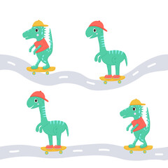 Kids seamless pattern with dino boy driving on skateboard