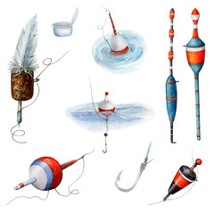  Set of Fishing Bobber is drawn on a white bright background and different patterns of floats © Belenova_art