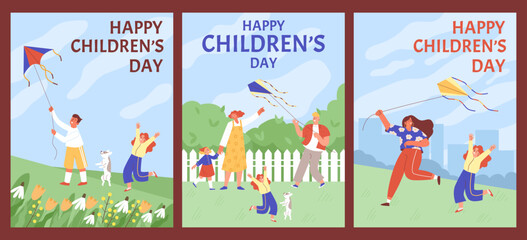 Happy children s day poster set, kids flying kite together with parents, flat vector illustration.