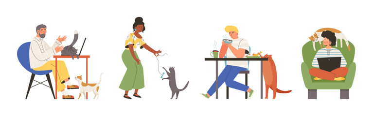 Set of scenes with typical cat's behavior flat style, vector illustration