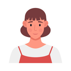 Brunette with short hair in a red sundress. Female character icon. Vector flat illustration.