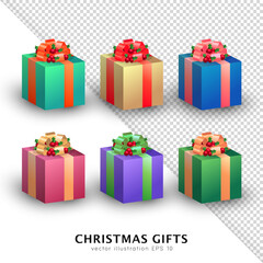 Set of six 3d colorful Christmas cube gift boxes with holly berries and bows. Closed 3d cartoon blue, green, pink, yellow, purple, cyan xmas presents with traditional decoration and ribbons