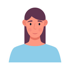 Young brunette in blue clothes. Female character icon. Vector flat illustration.