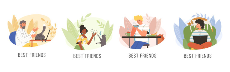 Set of scenes about cat's behavior flat style, vector illustration