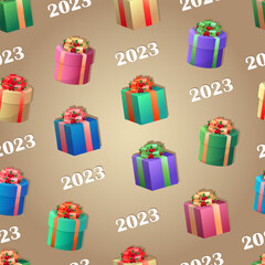 Vector seamless pattern of three dimensional colorful presents with ribbon and red berries. Xmas wallpaper, background with gift boxes and 2023 text. Wrapping paper, textile concept. 