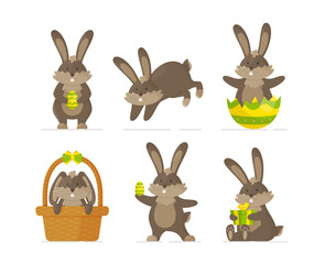 Vector illustration of a set of Easter bunnies. Bunnies with different emotions perform different actions. Easter in a flat style.
