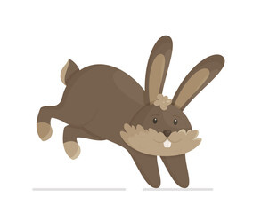 A gray rabbit jumps on a white background. Vector illustration of a happy bunny. Easter symbol.