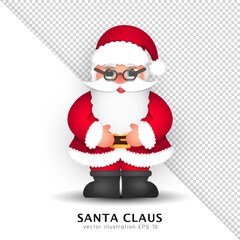 Cartoon smiling Santa Claus in red costume and black boots. Cheerful Santa in brown glasses isolated on white and transparent background. Vector funny Christmas character for holiday decoration.