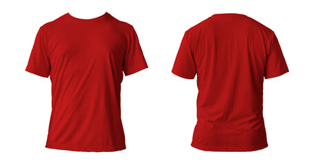 Blank red clean t-shirt mockup, isolated, front view. Empty tshirt model mock up. Clear fabric cloth for football or style outfit template.