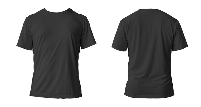 Blank black clean t-shirt mockup, isolated, front view. Empty tshirt model mock up. Clear fabric cloth for football or style outfit template.