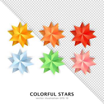 Collection of bright colorful Xmas stars. Vector holiday decoration isolated on white and transparent background. 3d red, golden, orange, silver, green and pink cartoon stars for Christmas tree
