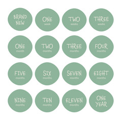 Green set of milestone stickers with baby age. Newborn textile and stickers design.