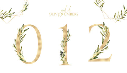 Watercolor olive numbers 0,1,2 illustration. Greenery leaves,branch, gold letters, golden numbers, botanical wedding floral table number, milestone cards, months,days, year diy greeting card printable