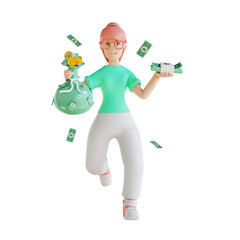 3D illustration character woman hand holding money bag and money flow