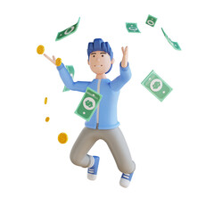 3D illustration man happy flying money