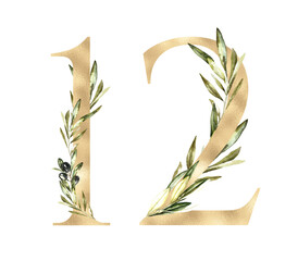 Watercolor number 12 illustration. Greenery olive leaves,branch, gold letters, golden numbers, botanical wedding floral table number, milestone cards, months,days, years diy greeting card printable, 