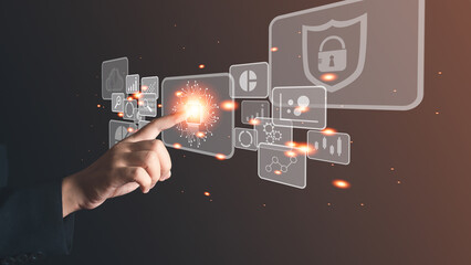 finger tip digital transformation strategy on virtual screen, business processes and data, optimize and automate operations, identify security system, internet and cloud computing